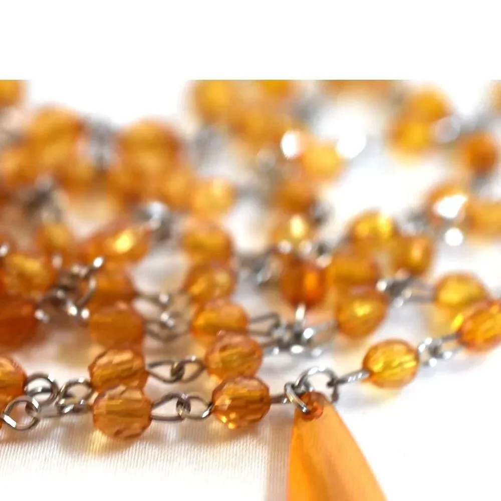 Vintage 1920 Style Orange Beads/Crystal Dangle Silver Tone Links Hair Covering